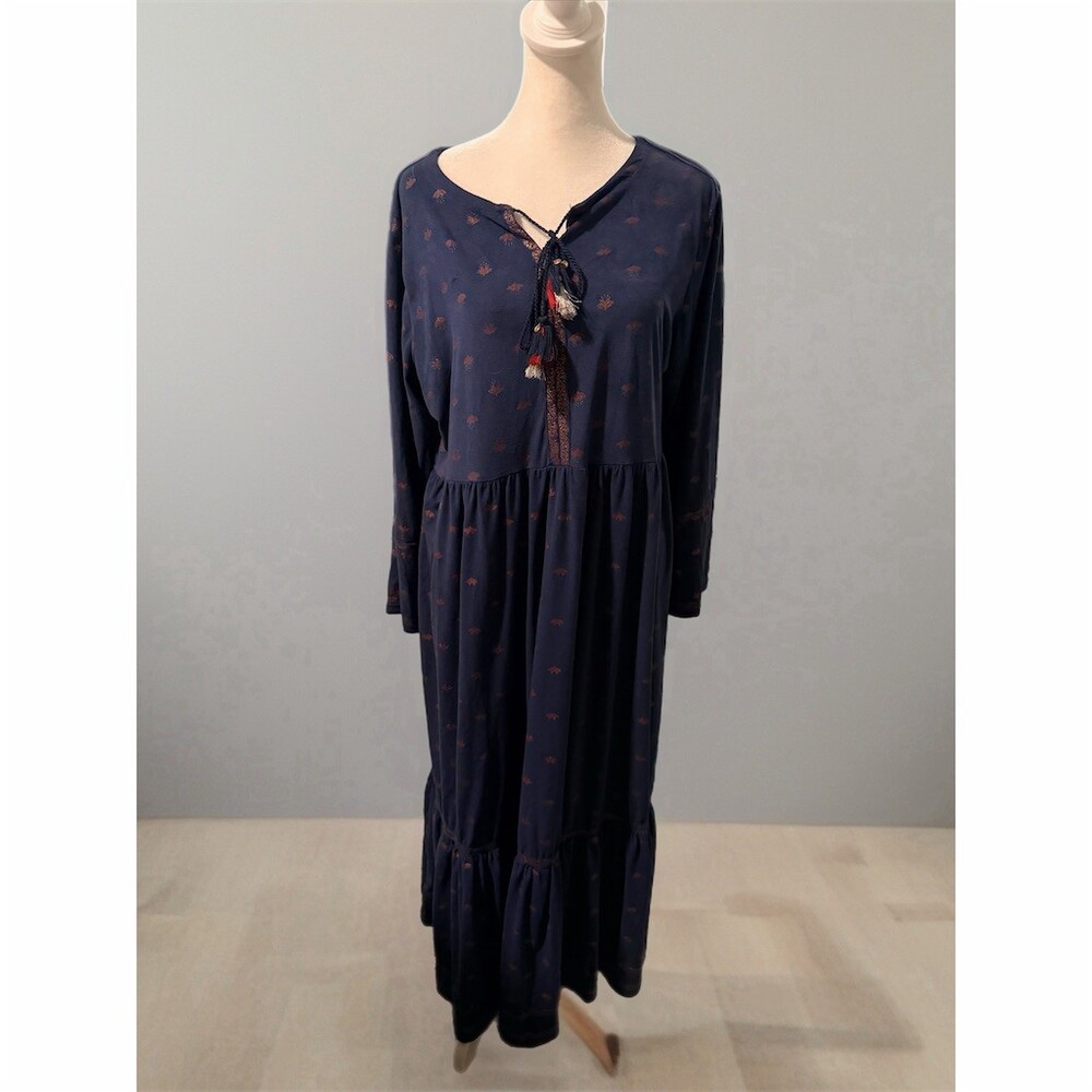 Global Desi Dress Womens Size L Blue Floral Maxi Split V-Neck Tassel Tie